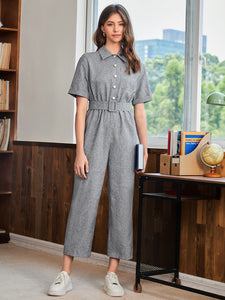 Patched Pocket Button Front Buckled Belted Shirt Jumpsuit
