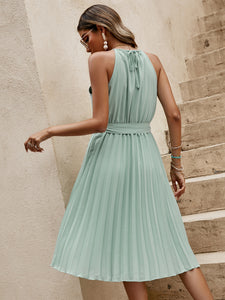 Tie Back Belted Pleated Dress