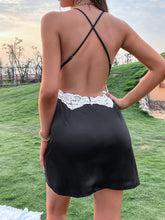 Load image into Gallery viewer, Contrast Lace Crisscross Back Satin Cami Dress
