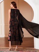 Load image into Gallery viewer, Floral Print Contrast Mesh Cloak Sleeve Mermaid Hem Belted Dress
