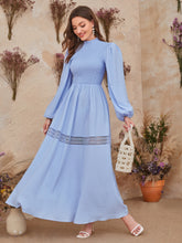 Load image into Gallery viewer, Frilled Neck Shirred Lantern Sleeve Guipure Lace Panel Dress
