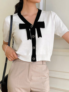 Contrast Trim Bow Front Knit Top