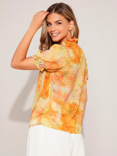 Load image into Gallery viewer, Floral Print Frill Trim Tie Neck Blouse
