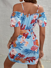 Load image into Gallery viewer, Floral Print Cold Shoulder Frill Trim Belted Dress
