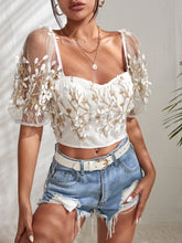 Load image into Gallery viewer, Floral Embroidered Sweetheart Neck Puff Sleeve Contrast Mesh Blouse
