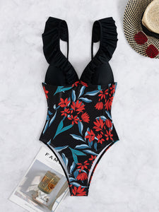 Random Floral Print Ruffle Trim One Piece Swimsuit