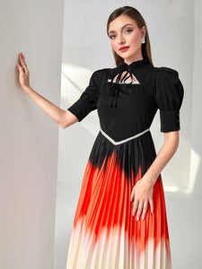 Ombre Frill Tie Neck Puff Sleeve Pleated Dress