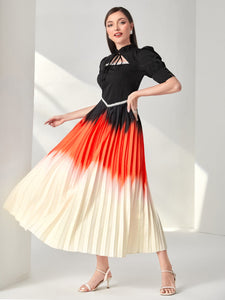 Ombre Frill Tie Neck Puff Sleeve Pleated Dress