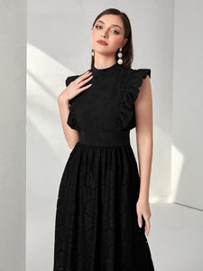 Mock Neck Ruffle Trim Contrast Lace Dress