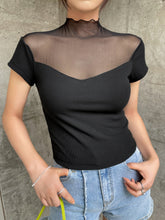 Load image into Gallery viewer, Contrast Mesh Mock Neck Ribbed Knit Tee

