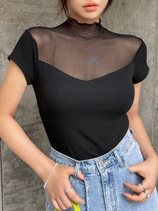 Contrast Mesh Mock Neck Ribbed Knit Tee