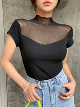 Load image into Gallery viewer, Contrast Mesh Mock Neck Ribbed Knit Tee
