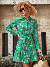 Load image into Gallery viewer, Plant Print Ruffle Hem Belted Shirt Dress
