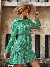 Load image into Gallery viewer, Plant Print Ruffle Hem Belted Shirt Dress
