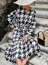 Load image into Gallery viewer, Houndstooth Print Ruffle Hem Belted Shirt Dress
