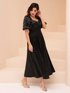 Pearls Beaded Ruched Sweetheart Neck Puff Sleeve Satin Dress