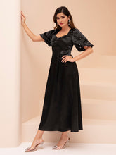 Load image into Gallery viewer, Pearls Beaded Ruched Sweetheart Neck Puff Sleeve Satin Dress
