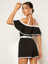Load image into Gallery viewer, Cold Shoulder Contrast Binding Ruffle Detail Belted Romper
