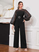 Load image into Gallery viewer, Solid Contrast Sheer Mesh Belted Jumpsuit
