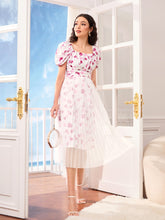 Load image into Gallery viewer, Floral Print Square Neck Puff Sleeve Tie Back Pleated Hem Dress
