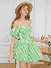 Load image into Gallery viewer, Gingham Print Off Shoulder Cut Out Tie Back Ruffle Hem Dress
