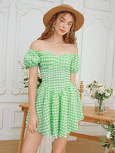 Load image into Gallery viewer, Gingham Print Off Shoulder Cut Out Tie Back Ruffle Hem Dress
