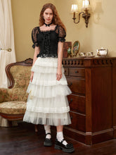 Load image into Gallery viewer, Contrast Lace Puff Sleeve Lace-up Front Square Neck Ruffle Hem Blouse
