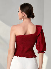 Load image into Gallery viewer, One Shoulder Ruffle Trim Shirred Blouse
