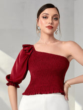 Load image into Gallery viewer, One Shoulder Ruffle Trim Shirred Blouse
