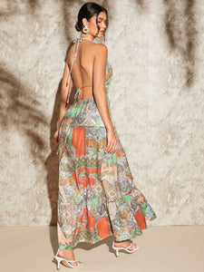 Paisley & Baroque Print Backless Halter Dress