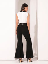 Load image into Gallery viewer, Colorblock Contrast Lace Lapel Collar Belted Flare Leg Jumpsuit
