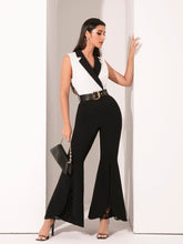 Load image into Gallery viewer, Colorblock Contrast Lace Lapel Collar Belted Flare Leg Jumpsuit

