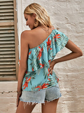Load image into Gallery viewer, Tropical Print Ruffle Trim One Shoulder Blouse
