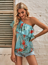 Load image into Gallery viewer, Tropical Print Ruffle Trim One Shoulder Blouse
