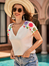 Load image into Gallery viewer, Floral Pattern Fringe Detail Notched Neck Blouse
