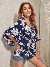 Load image into Gallery viewer, Floral Print Flounce Sleeve Tie Neck Blouse
