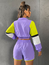 Load image into Gallery viewer, Colorblock Half Zip Sweatshirt &amp; Drawstring Waist Shorts
