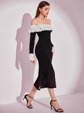 Load image into Gallery viewer, Contrast Lace Off Shoulder Mermaid Hem Sweater Dress
