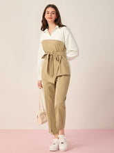 Load image into Gallery viewer, Two Tone Drop Shoulder Belted Blouse &amp; Pants
