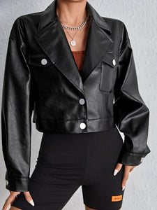 Drop Shoulder Flap Pocket PU Leather Jacket