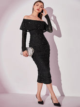 Load image into Gallery viewer, Off Shoulder Ruched Split Back Sequins Dress

