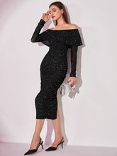 Load image into Gallery viewer, Off Shoulder Ruched Split Back Sequins Dress
