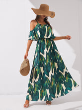 Load image into Gallery viewer, Tropical Print Cold Shoulder Belted Dress
