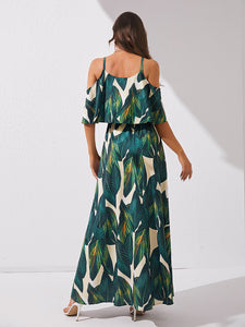 Tropical Print Cold Shoulder Belted Dress