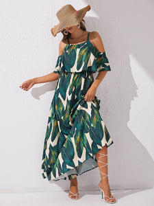 Tropical Print Cold Shoulder Belted Dress