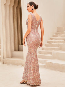 Plunging Neck Sequins Prom Dress