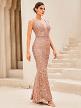 Load image into Gallery viewer, Plunging Neck Sequins Prom Dress
