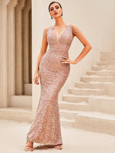 Load image into Gallery viewer, Plunging Neck Sequins Prom Dress
