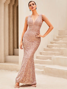 Plunging Neck Sequins Prom Dress