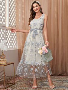 Floral Embroidery Belted Mesh Dress